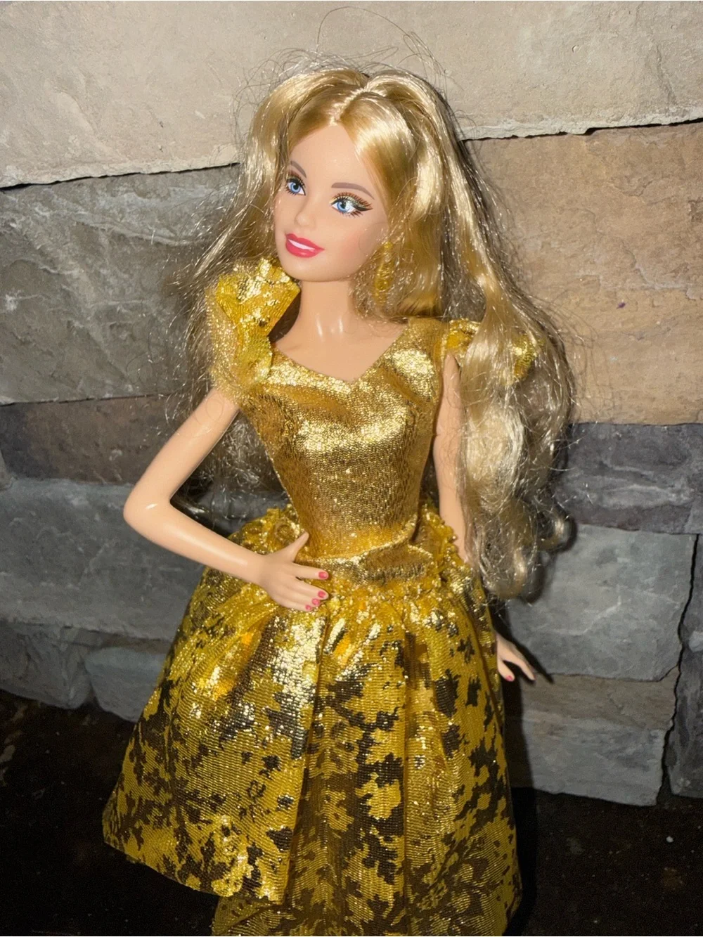 Barbie fashion blonde hair doll in formal gold ball gown
